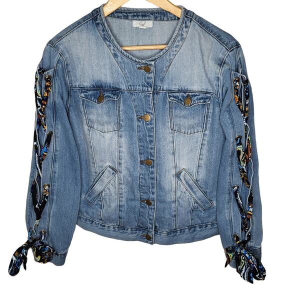 Easel Boho Denim Jean Trucker Jacket Paisley Scarf Tie Sleeve Boutique Y2K Large - Picture 2 of 11